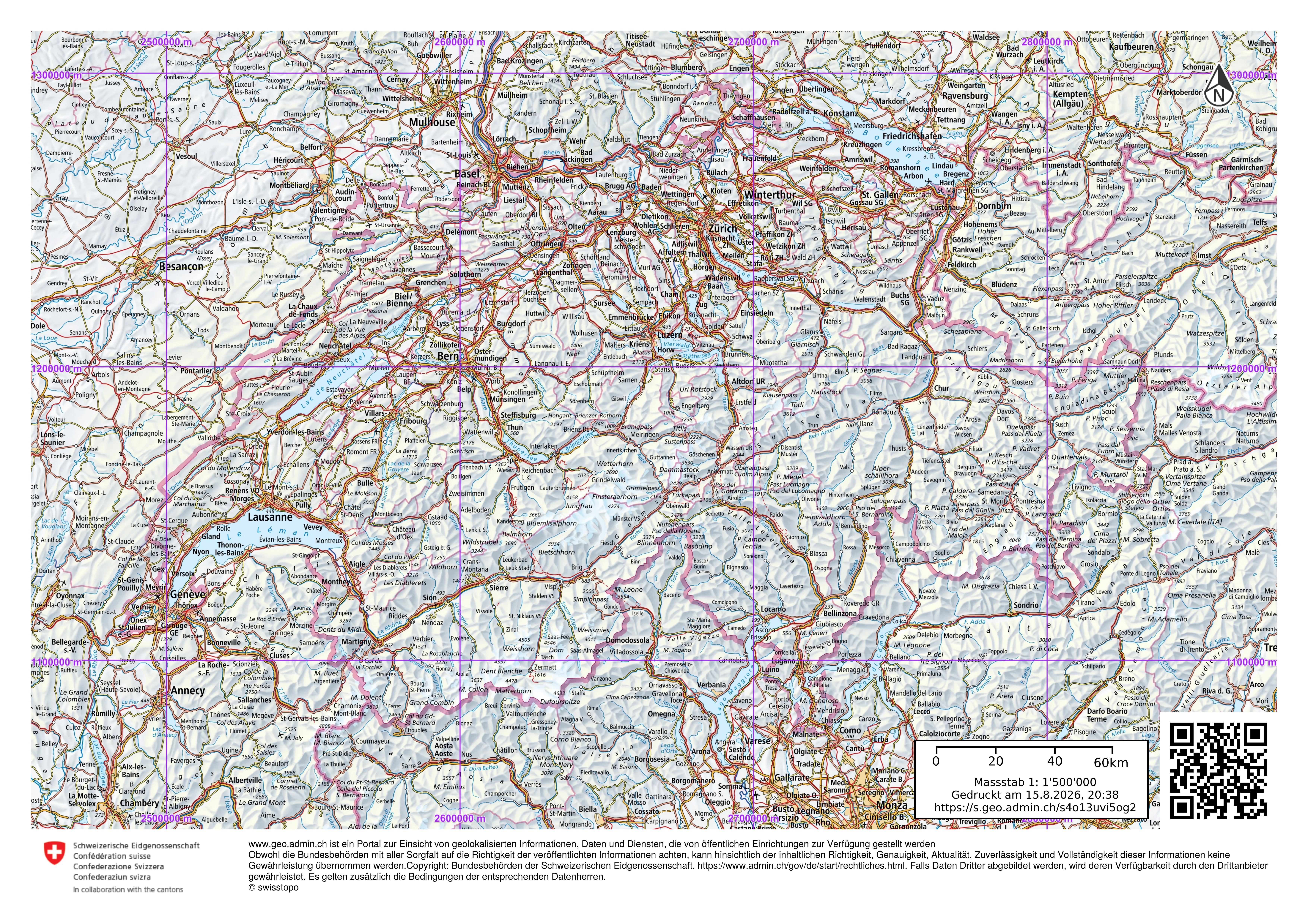Topographic map of Switzerland and neighbouring regions (swisstopo)