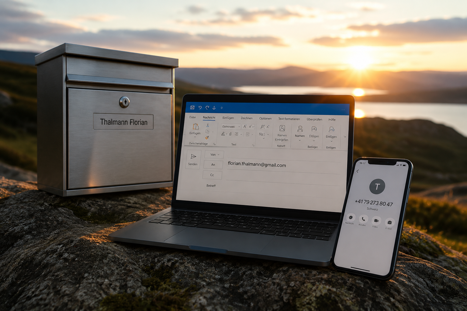 Contact information presented in a photographic scene with a mailbox, laptop and phone.