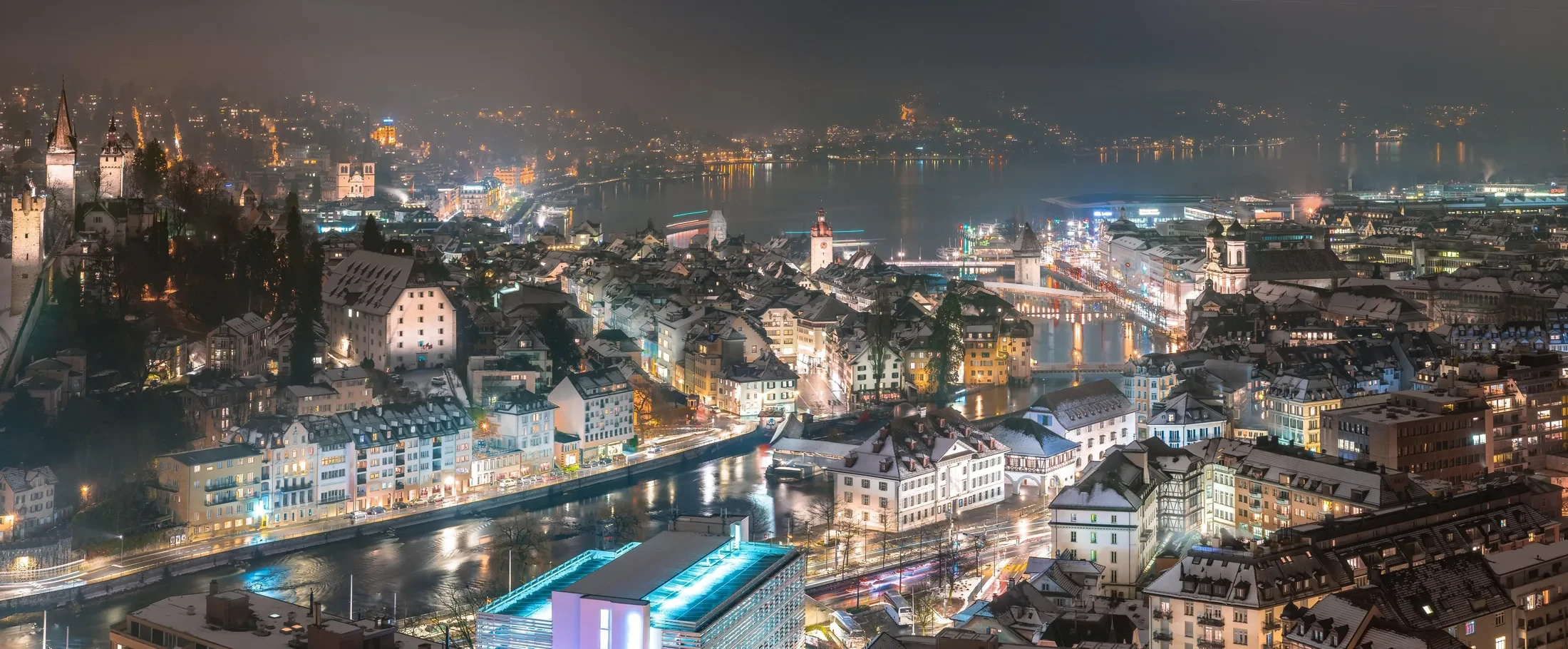 Lucerne at night, view over the Reuss river and Kapellbrücke