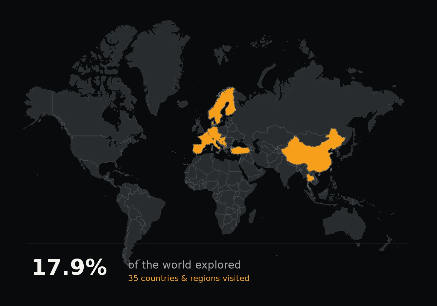 World map highlighting countries and regions visited across Europe and Asia